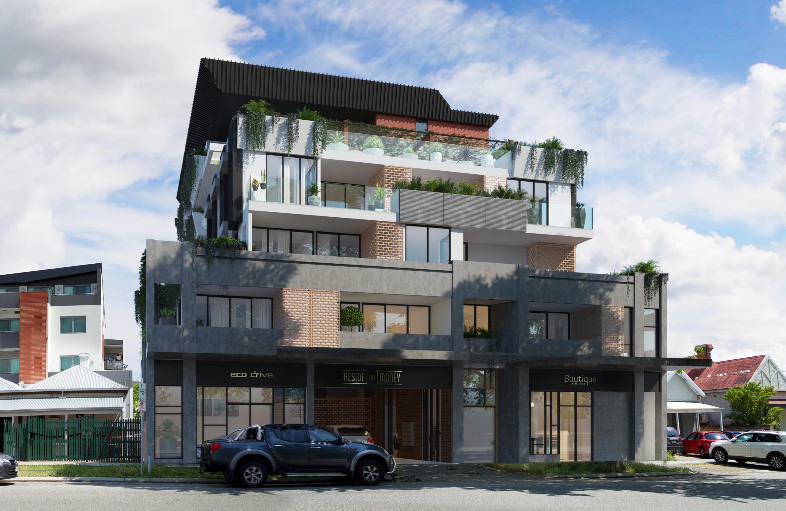 5 storey apartment building with vegetation and screens in Northbridge in daylight