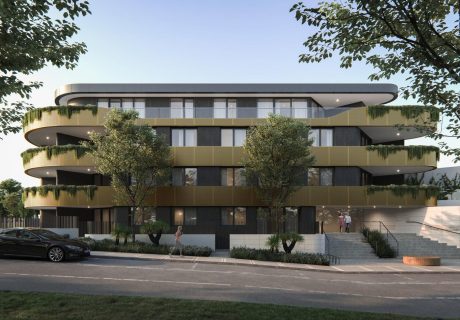 4 Storey Mosman Park Fairlight apartment building with golden curved balconies and dark grey walls