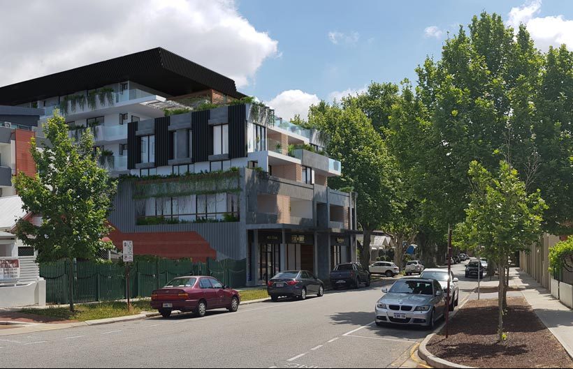 streetscape panorama of 5 storey black, white, and grey, apartment building with vegetation and screens in Northbridge in daylight