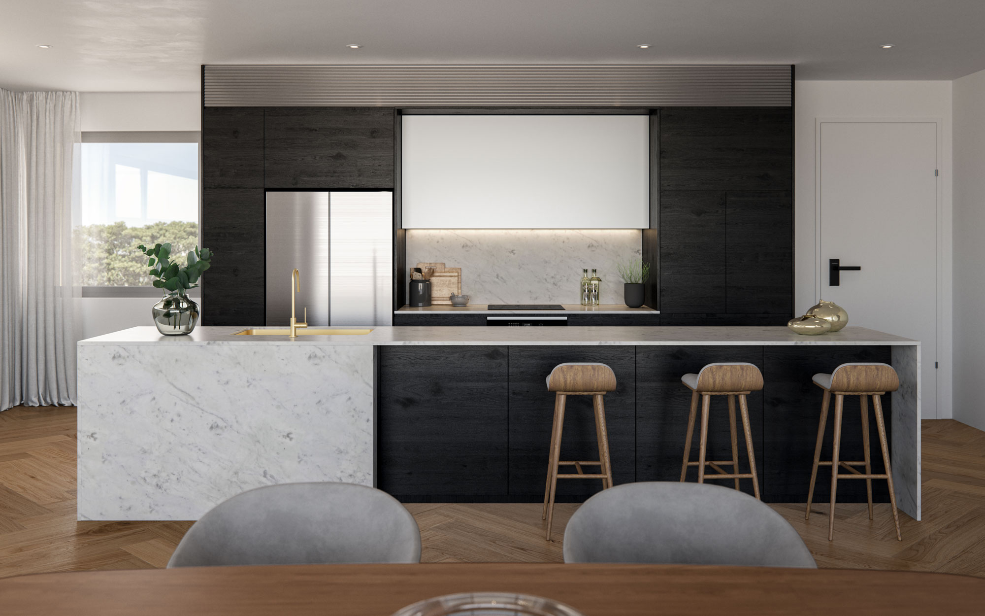 Modern kitchen with white marble island bench and charcoal timber cabinets, and timber parquetry flooring