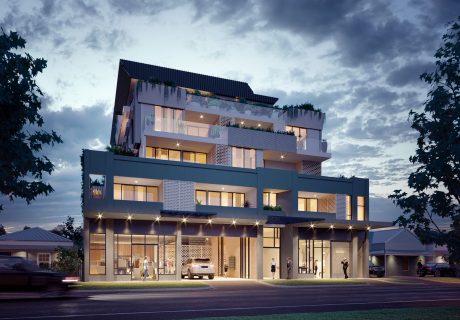 5 storey apartment building with vegetation and screens in Northbridge at dusk